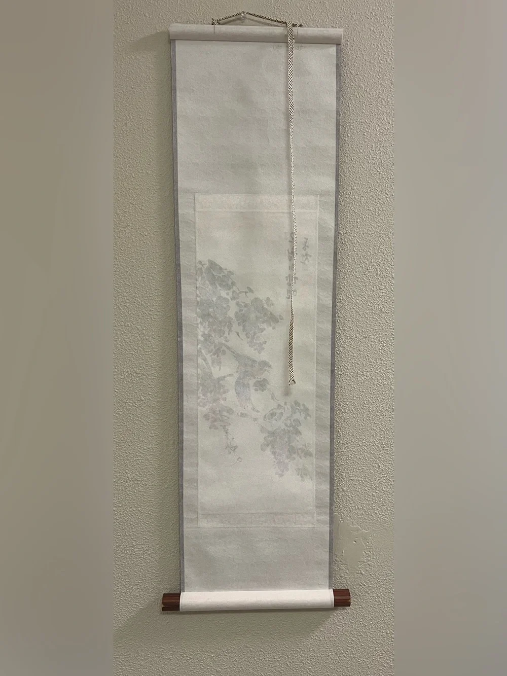 Vintage Korean Ink Wash Scroll Painting - Wisteria Flowers & Birds Wall Hanging